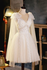 Formal Dress For Ladies, Champagne V-Neck Lace Short Prom Dress, Lovely A-Line Evening Party Dress