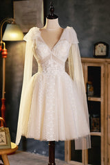 Formal Dresses Long Gowns, Champagne V-Neck Lace Short Prom Dress, Lovely A-Line Evening Party Dress