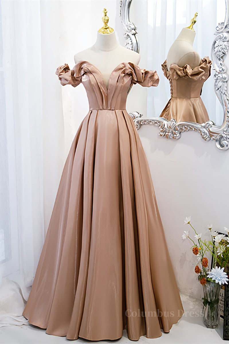 Formal Dress Long Sleeve, Champagne V Neck Ruffle Off-the-Shoulder Pleated Leather Long Formal Dress