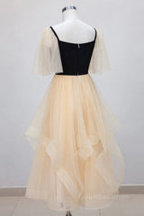 Gorgeou Dress, Champagne V Neck Tea Length Prom Dresses, Tea-Length Formal Graduation Dresses