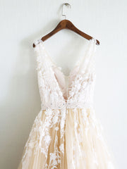 Bridesmaid Dress Color Schemes, Champagne V Neck Tulle Lace Applique Long Prom Dress, Evening Dress