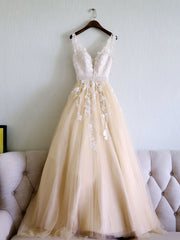 Bridesmaid Dresses Color Scheme, Champagne V Neck Tulle Lace Applique Long Prom Dress, Evening Dress