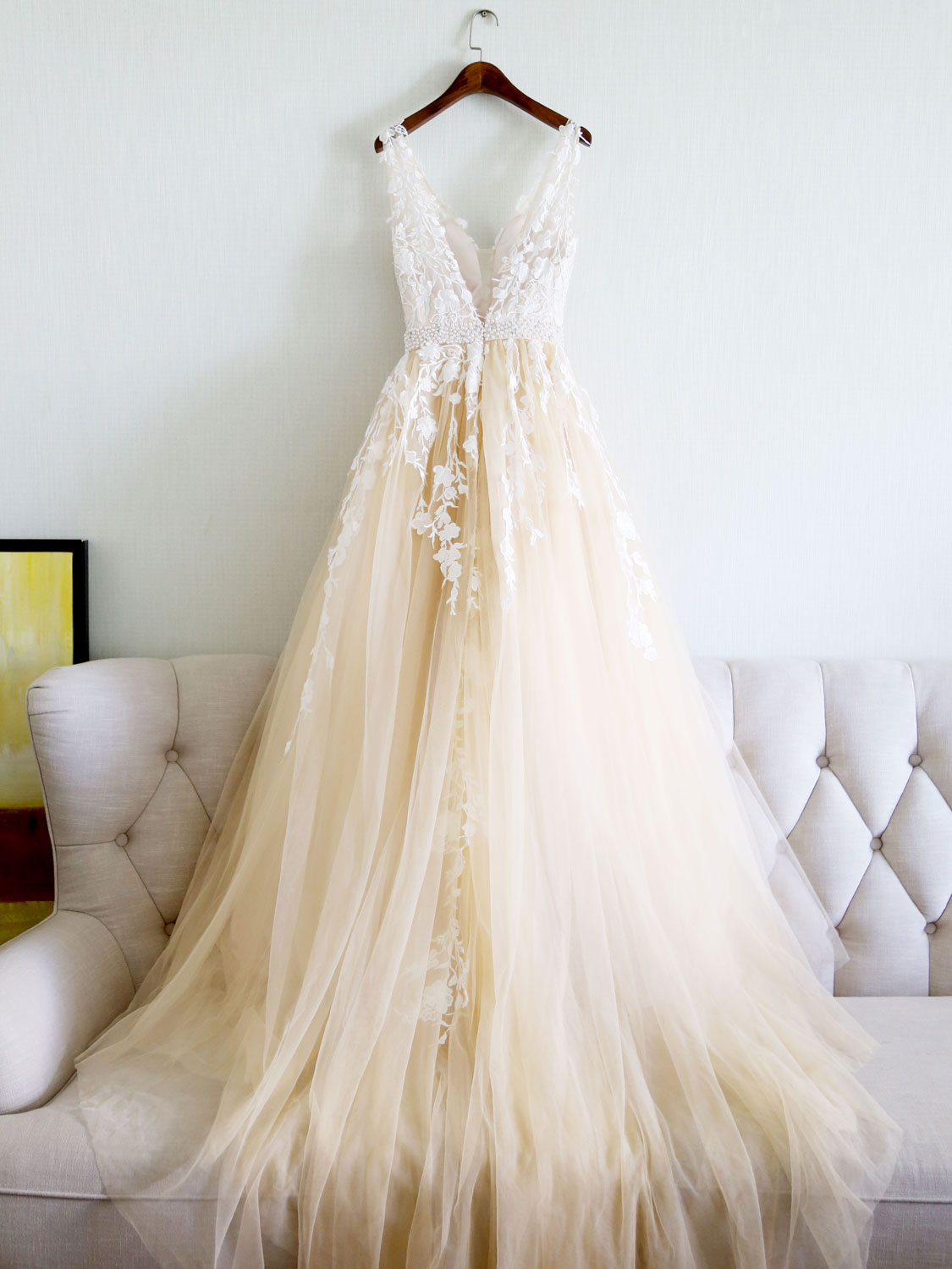 Bridesmaids Dresses Color Schemes, Champagne V Neck Tulle Lace Applique Long Prom Dress, Evening Dress