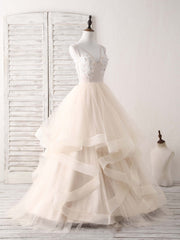 Boho Wedding Dress, Champagne V Neck Tulle Lace Applique Long Prom Dress Sweet 16 Dress