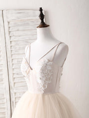 Bridesmaids Dresses Purple, Champagne V Neck Tulle Lace Applique Long Prom Dress Sweet 16 Dress