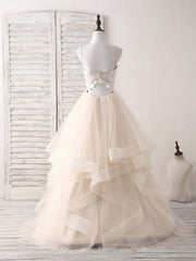 Bridesmaid Dresses Purples, Champagne V Neck Tulle Lace Applique Long Prom Dress Sweet 16 Dress
