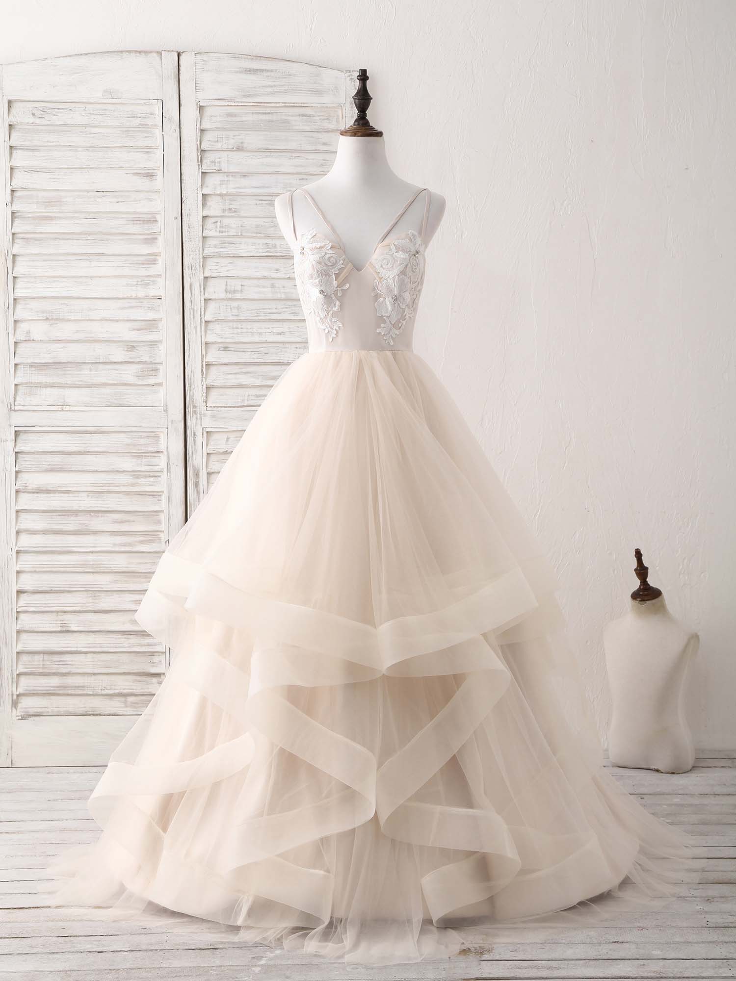 Beach Wedding, Champagne V Neck Tulle Lace Applique Long Prom Dress Sweet 16 Dress