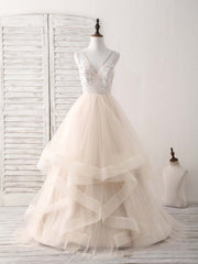 Beach Wedding, Champagne V Neck Tulle Lace Applique Long Prom Dress Sweet 16 Dress