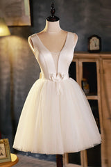 Stylish Outfit, Champagne V-Neck Tulle Short Prom Dress, Champagne Homecoming Dress