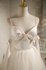 Party Dresses And Jumpsuits, Champagne V-Neck Tulle Short Prom Dress, Spaghetti Straps Party Dress with Bow