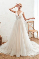 Wedding Dresses Budget, Champange Princess V-neck Lace Tulle Soft Pleats Wedding Dresses with Appliques