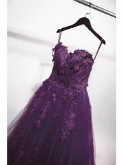 Bridesmaid Dresses Long, Charming Ball Gown Purple Tulle Sweetheart Lace Applique Formal Dress, Purple Sweet 16 Dresses