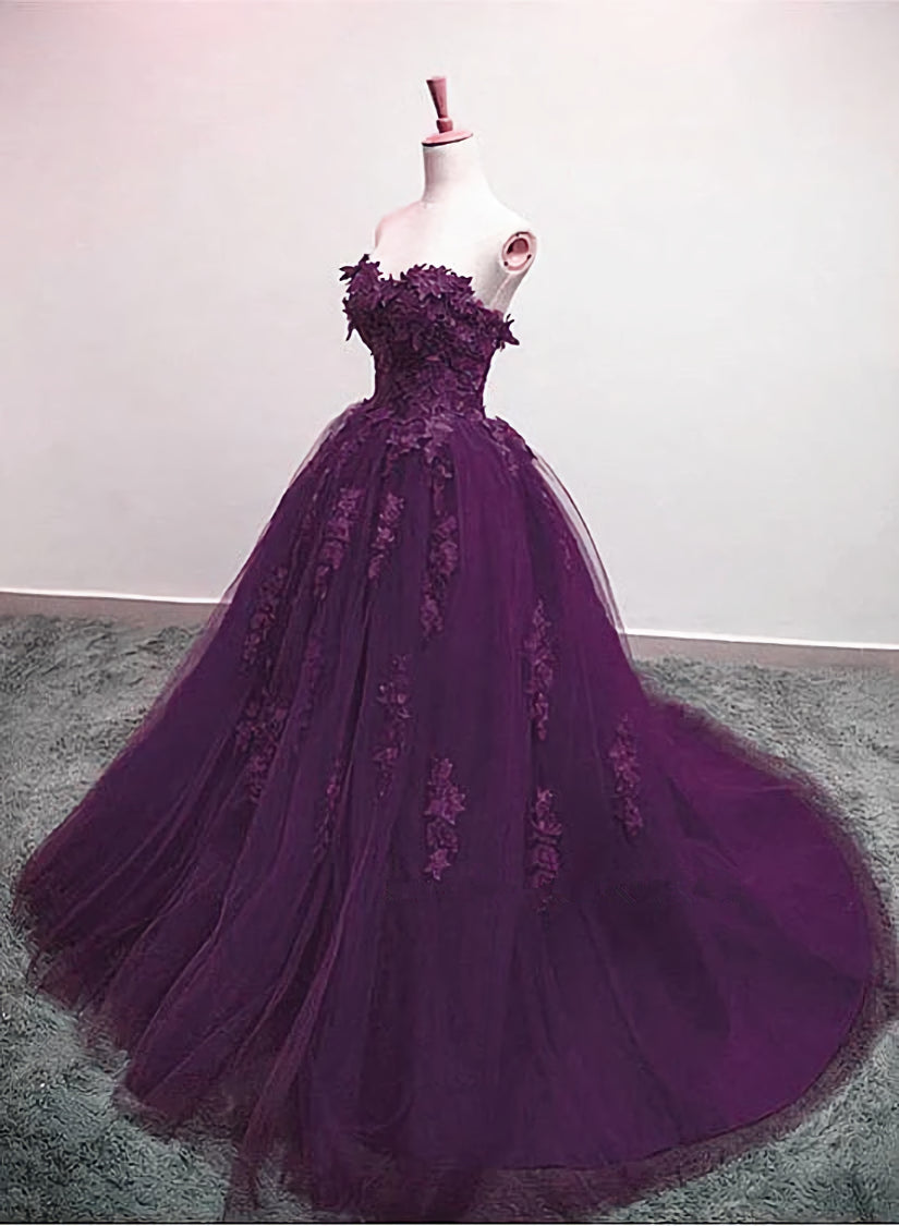 Bridesmaid Dress Ideas, Charming Ball Gown Purple Tulle Sweetheart Lace Applique Formal Dress, Purple Sweet 16 Dresses