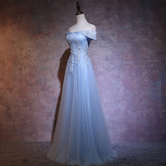 Dinner Dress, Charming Blue Elegant Tulle Party Dress with Lace Applique, Long Prom Dress