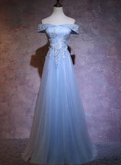 Pink Formal Dress, Charming Blue Elegant Tulle Party Dress with Lace Applique, Long Prom Dress