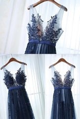 Evening Dress Sleeves, Charming Blue Lace Applique Prom Dress, A-line Blue Bridesmaid Dress