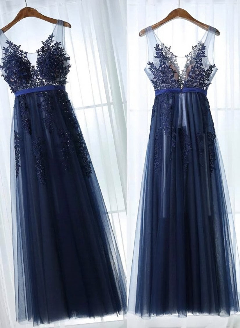 Evening Dress Sleeve, Charming Blue Lace Applique Prom Dress, A-line Blue Bridesmaid Dress