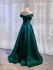 Fantasy Dress, Charming Dark Green Satin Long Junior Prom Dress, Off Shoulder Evening Gown