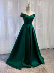Prom Dress Inspo, Charming Dark Green Satin Long Junior Prom Dress, Off Shoulder Evening Gown
