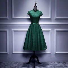 Wedding Dresses Elegant Classy, Charming Dark Green Tea Length High Neckline Party Dress, Wedding Party Dress