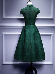 Wedding Dresses Classy Elegant, Charming Dark Green Tea Length High Neckline Party Dress, Wedding Party Dress