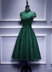 Wedding Dress Elegant Classy, Charming Dark Green Tea Length High Neckline Party Dress, Wedding Party Dress