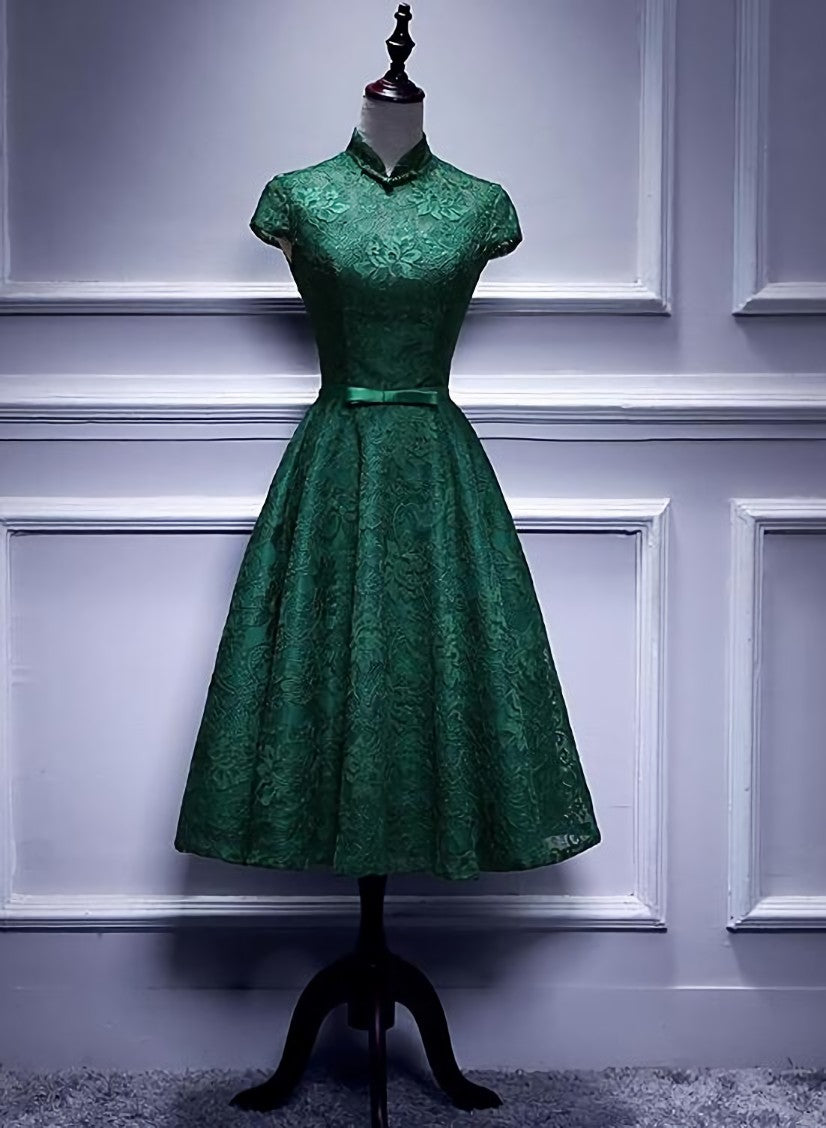 Wedding Dress Shopping Outfits, Charming Dark Green Tea Length High Neckline Party Dress, Wedding Party Dress