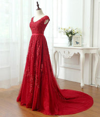 Evening Dresses Midi, Charming Dark Red Lace A-line Long Prom Dress, Red Evening Gown