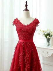 Evening Dresses Long Sleeve, Charming Dark Red Lace A-line Long Prom Dress, Red Evening Gown