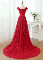 Evening Dress Long Sleeve, Charming Dark Red Lace A-line Long Prom Dress, Red Evening Gown