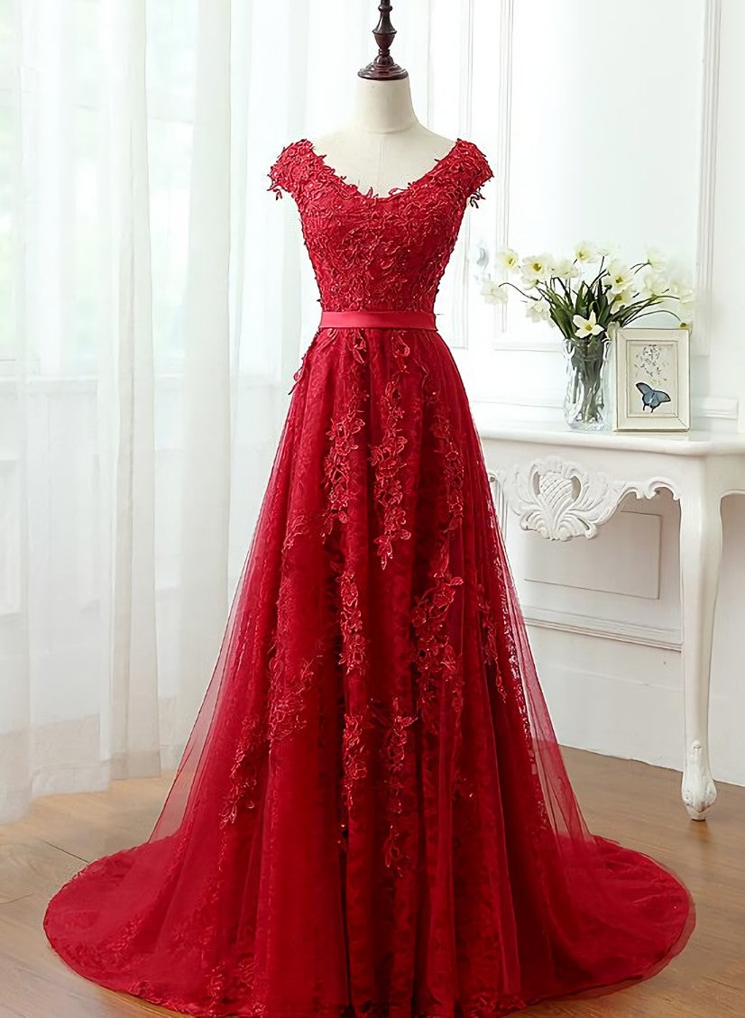 Evening Dresses Off The Shoulder, Charming Dark Red Lace A-line Long Prom Dress, Red Evening Gown