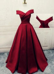 Formal Dresses Royal Blue, Charming Dark Red Satin A-line Off Shoulder Gown, Prom Dress