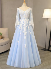 Formal Dresses Prom, Charming Light Blue Tulle V-neckline Long Party Dress, Prom Dress