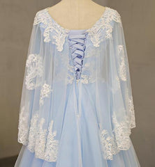 Formal Dresses Vintage, Charming Light Blue Tulle V-neckline Long Party Dress, Prom Dress