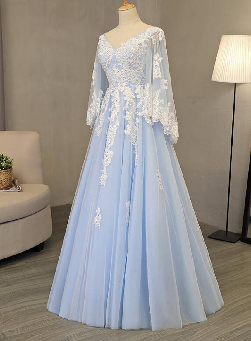 Formal Dresses 2030, Charming Light Blue Tulle V-neckline Long Party Dress, Prom Dress