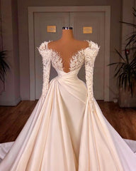 Wedding Dress For Beach Wedding, Charming Long A-line Cathedral V-neck Satin Lace Wedding Dresses With Sleeves