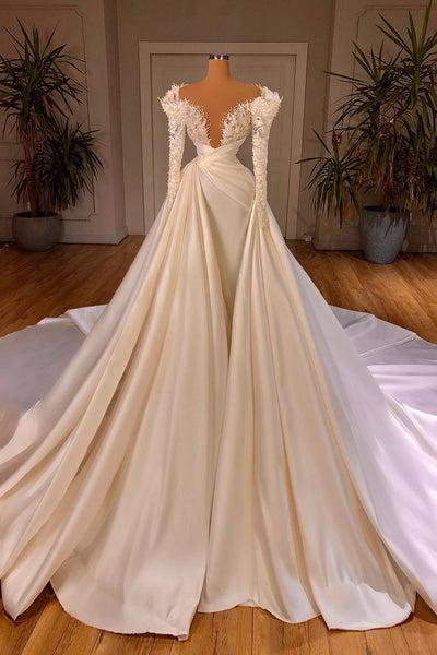 Wedding Dresses For Beach Weddings, Charming Long A-line Cathedral V-neck Satin Lace Wedding Dresses With Sleeves
