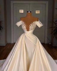 Wedding Dress Simple Lace, Charming Long A-line Off-the-shoulder Cathedral V-neck Satin Lace Wedding Dress