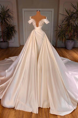 Wedding Dresses Lace Tulle, Charming Long A-line Off-the-shoulder Cathedral V-neck Satin Lace Wedding Dress