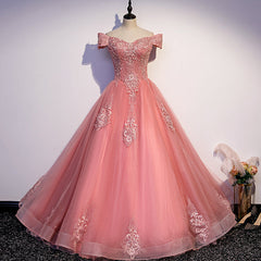 Party Dresses With Sleeves, Charming Pink Off Shoulder Lace Applique Sweetheart Party Dress, Pink Prom Dress