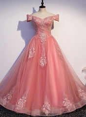 Party Dress Australia, Charming Pink Off Shoulder Lace Applique Sweetheart Party Dress, Pink Prom Dress