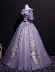 Long Sleeve Wedding Dress, Charming Purple Short Sleeves Tulle Puffy Long Formal Dress, Lovely Evening Dress Party Dress