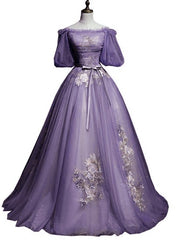 Bridesmaid Dresses Purple, Charming Purple Short Sleeves Tulle Puffy Long Formal Dress, Lovely Evening Dress Party Dress