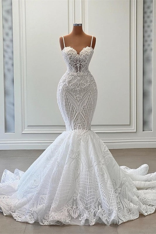 Wedding Dress Fall, Charming Sleeveless Spaghetti Straps Mermaid Wedding Dress with Ruffles
