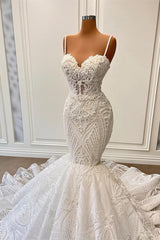 Wedding Dress White, Charming Sleeveless Spaghetti Straps Mermaid Wedding Dress with Ruffles