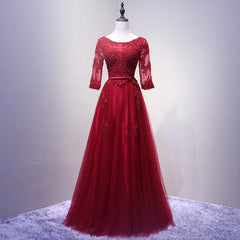 Wedding Dressed Princess, Charming Wine Red Short Sleeves Lace Applique Wedding Party Dress, Formal Gown
