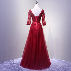 Wedding Dress Princesses, Charming Wine Red Short Sleeves Lace Applique Wedding Party Dress, Formal Gown