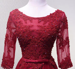 Wedding Dress Lace Sleeves, Charming Wine Red Short Sleeves Lace Applique Wedding Party Dress, Formal Gown