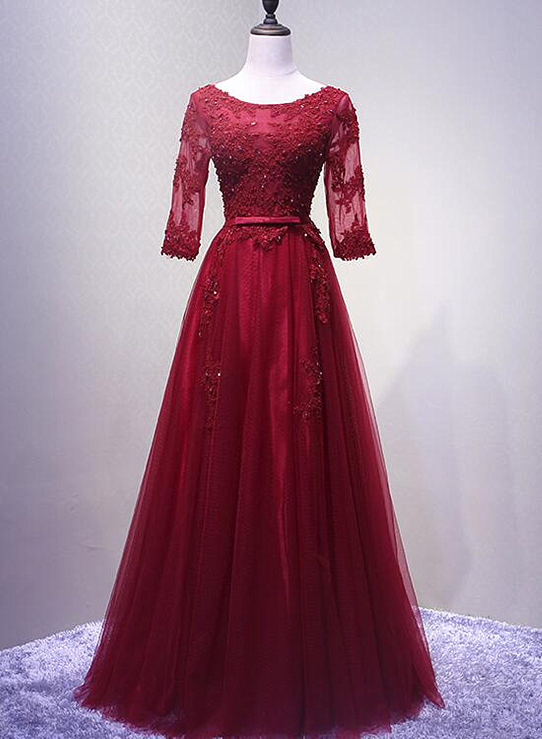 Wedsing Dress Princess, Charming Wine Red Short Sleeves Lace Applique Wedding Party Dress, Formal Gown