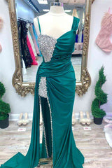 Spring Wedding Color, Chic Asymmetrical Fuchsia Beaded Long Prom Dress,Green Dinner Dresses